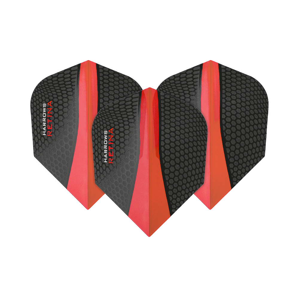 Das Bild zeigt drei Harrows Retina Rot No6 Flights für Darts. Sie sind schwarz mit einem roten Streifen und haben ein Wabenmuster.